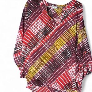 Vibrant Women's Plaid Sheer Blouse - Red, Maroon, & Yellow